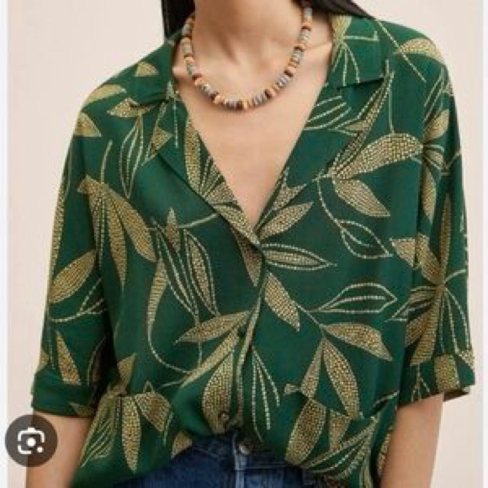 Mango Dark Green Button-Down Leaf Print Shirt
